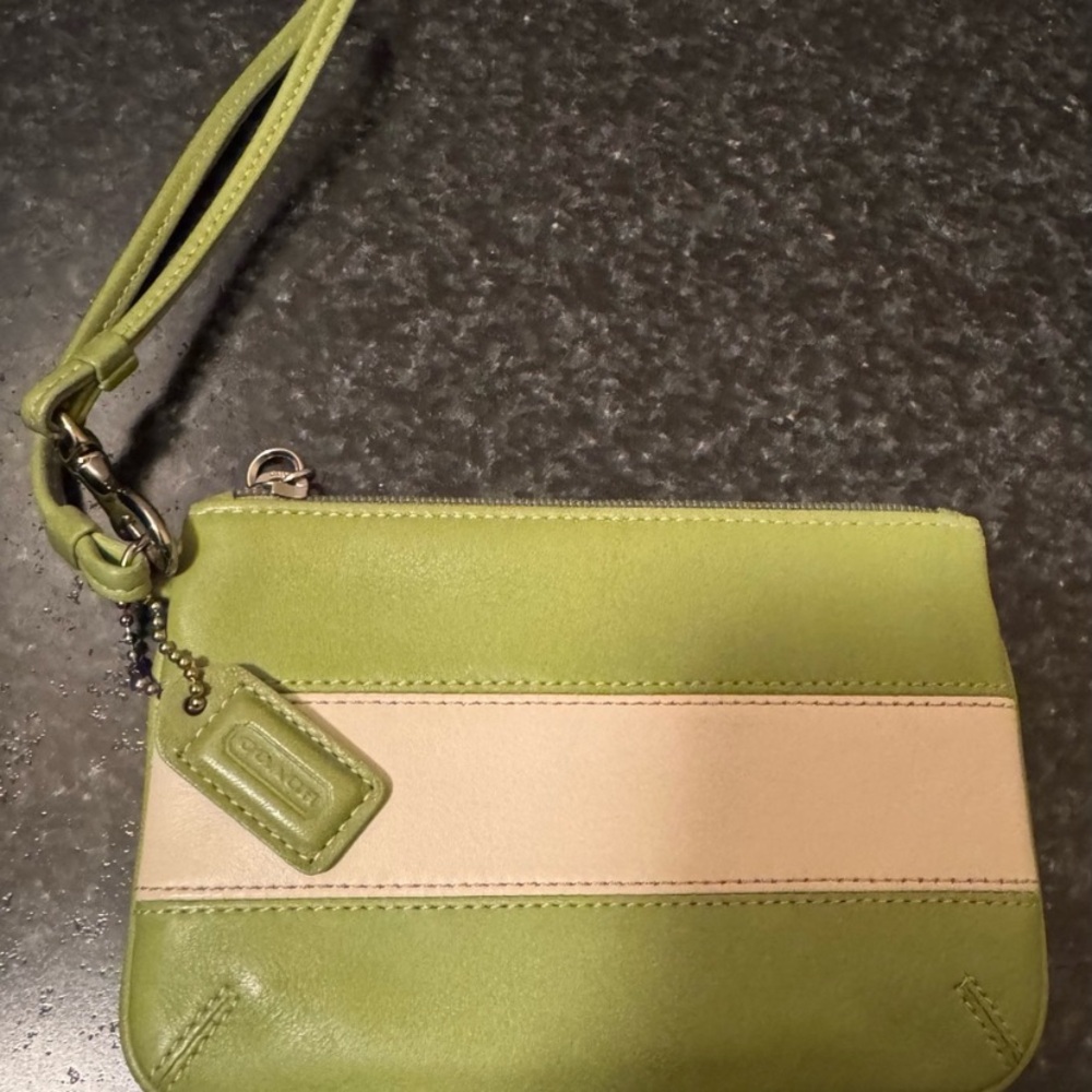 Coach Green and Cream Stripe Wristlet